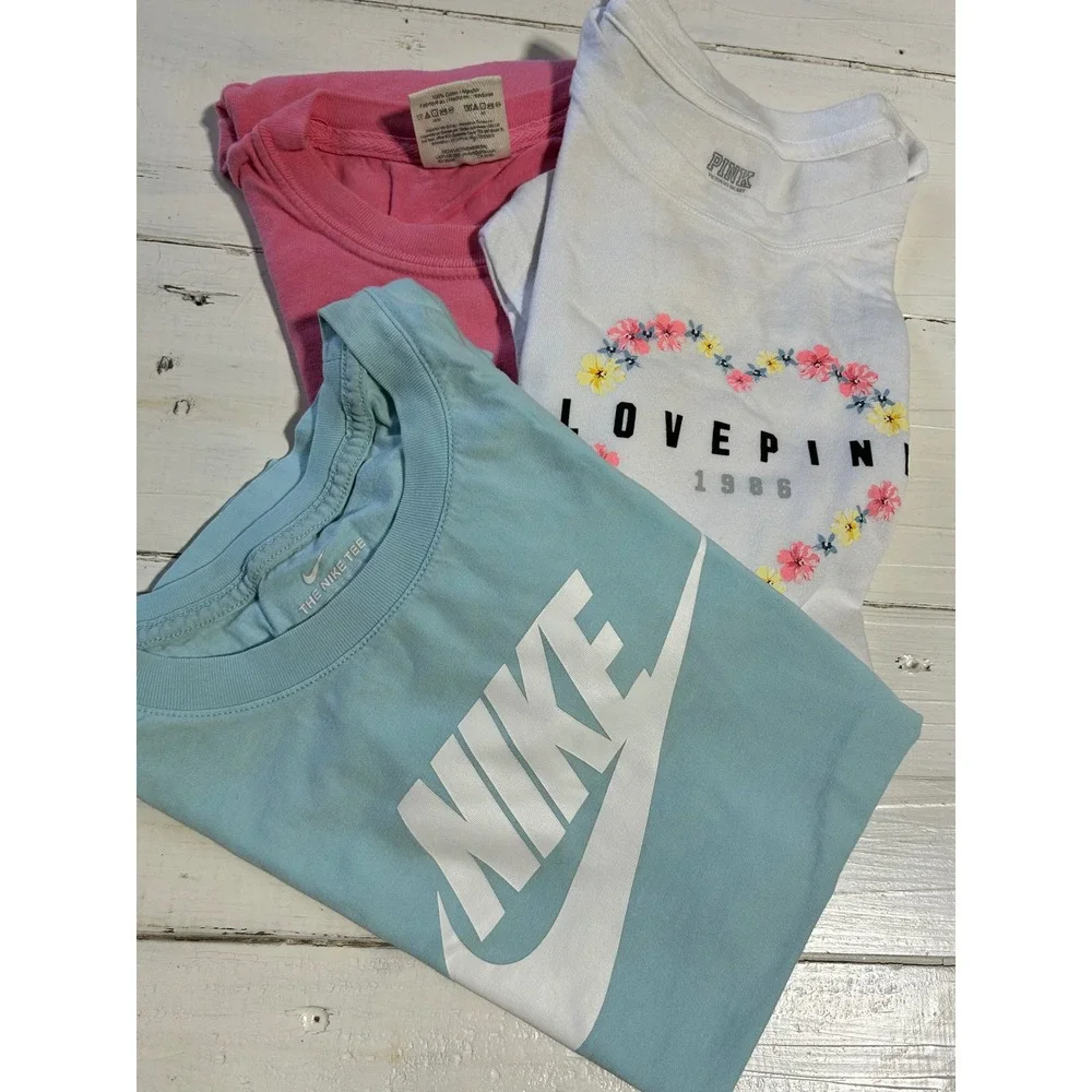 Nike PINK Comfort Colors Girls T-Shirt Bundle Blue White Pink Size Small Lot 3